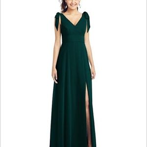 Bow-Shoulder V-Back Chiffon Gown with Front Slit